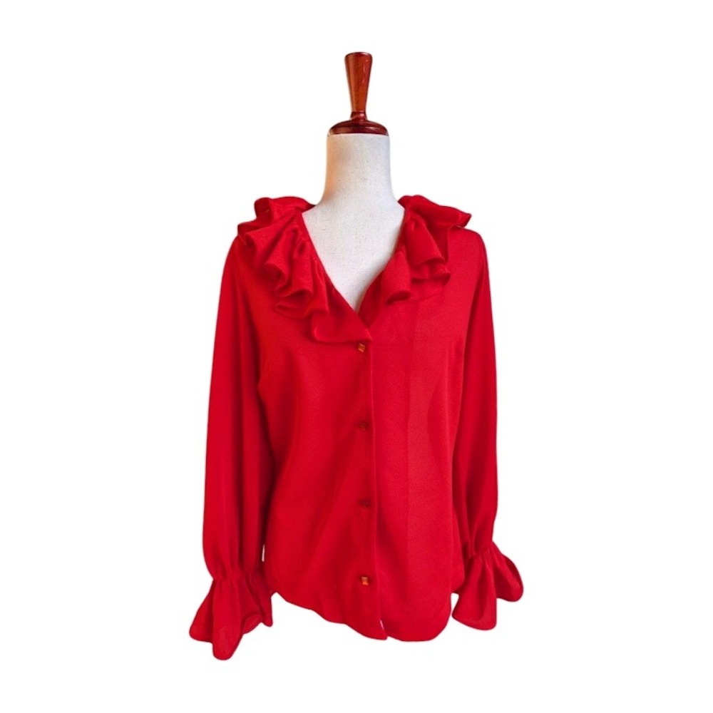 VTG‎ 70s Ring Alee Veeo  Miami Red Ruffle Collar Long Sleeve Button Up Blouse L